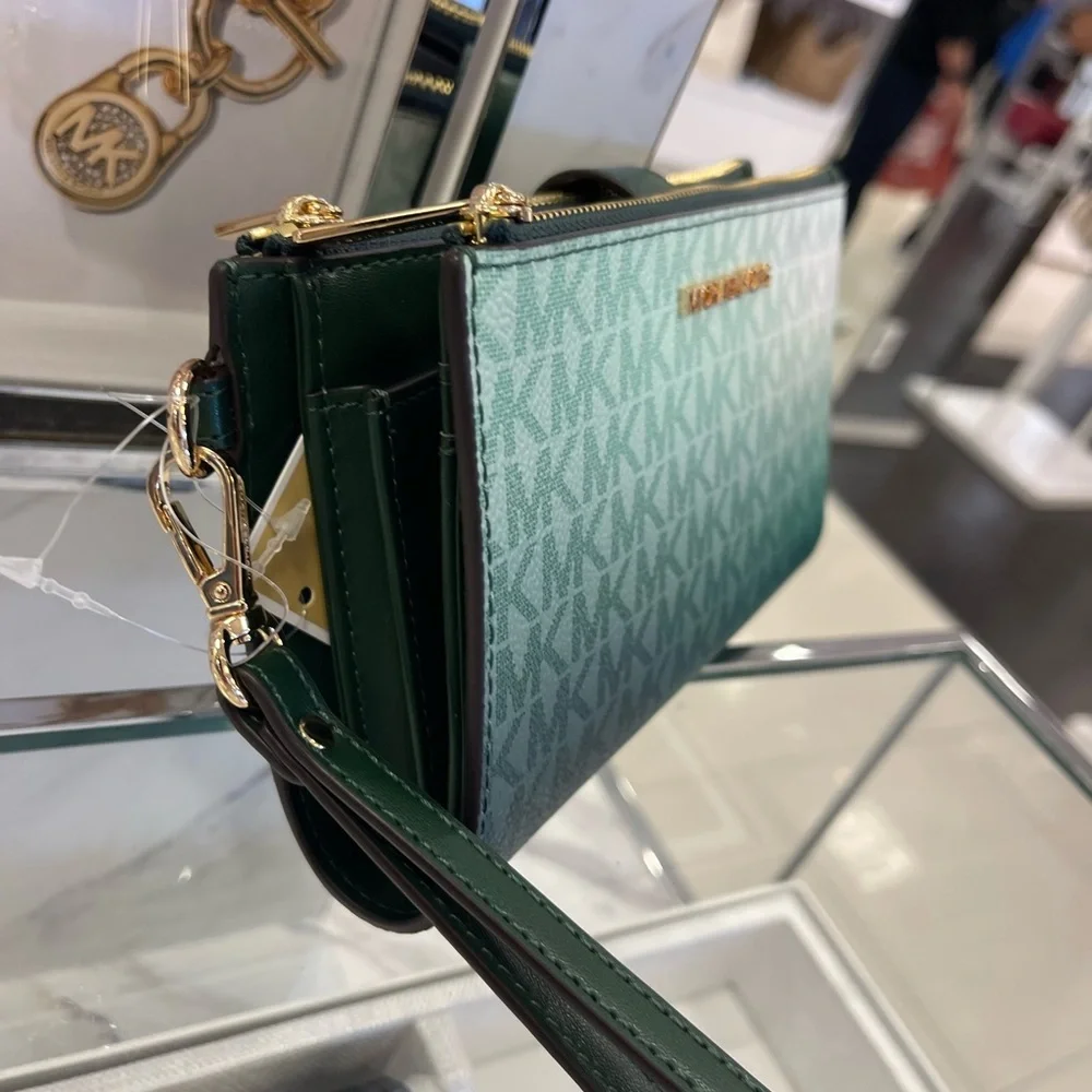 MICHAEL KORS Jet Set Lg Ombré Signature Logo Double Zip Wristlet Wallet  Moss